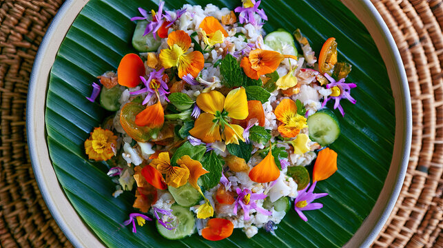 vibrant khao yum southern rice salad with edible flower mosaic