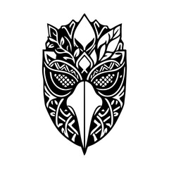 Fototapeta premium Raven mask tribal tattoo design featuring decorative bird head ornament with ethnic floral leaves line art isolated on white background