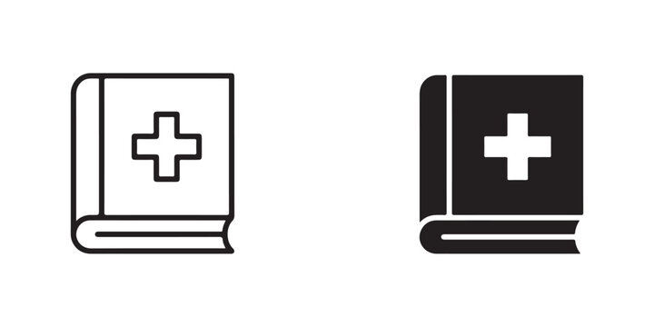 Medical book icon with plus sign symbol in open and closed book design variations isolated transparent background