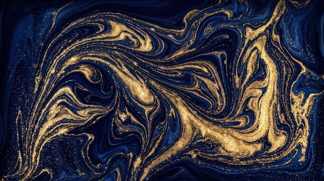 Abstract macro liquid marble texture, fluid art blending dark navy blue and sparkling gold, luxury background, high contrast, elegant wallpaper,123