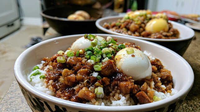 delicious lu rou fan with braised pork and jammy sauce