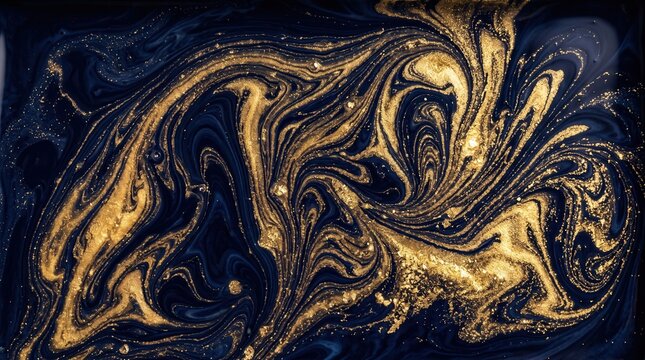 Abstract macro liquid marble texture, fluid art blending dark navy blue and sparkling gold, luxury background, high contrast, elegant wallpaper,123