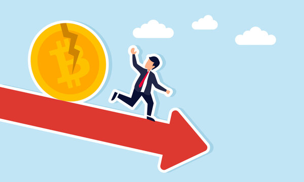 Businessman running down red arrow to escape broken bitcoin chasing him illustration of cryptocurrency investment loss