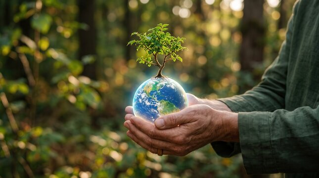 Hands holding a glowing miniature earth with a small green tree growing from it, blurred nature background, eco-friendly, sustainability concept, cinematic lighting, ultra detailed123