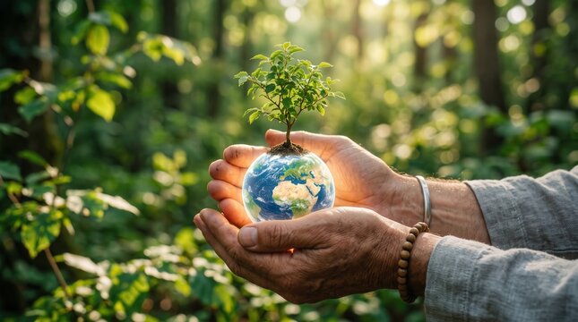 Hands holding a glowing miniature earth with a small green tree growing from it, blurred nature background, eco-friendly, sustainability concept, cinematic lighting, ultra detailed123