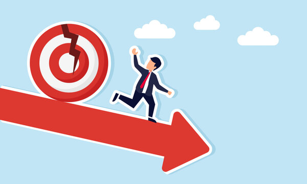 Businessman running down red arrow to escape broken target board chasing him illustration of failure to achieve business goals