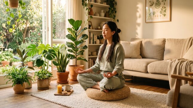 Young Asian woman meditating in a cozy sunlit living room with indoor plants, peaceful expression, morning golden hour light, lifestyle photography123