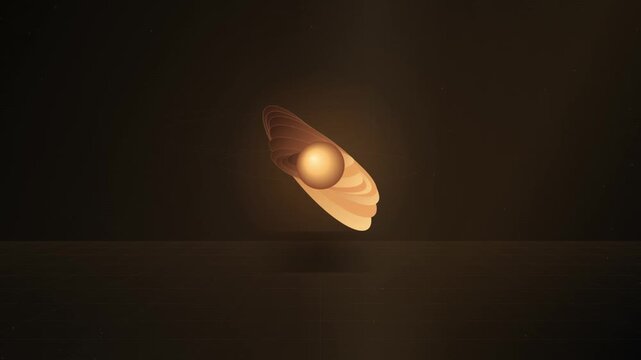 Abstract golden sphere orbiting layered oval shapes against a dark background