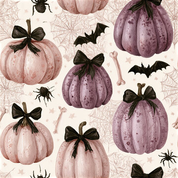 Watercolor Halloween seamless pattern with purple and pink pumpkins, black bows, bats, spiders, bones, and spider webs