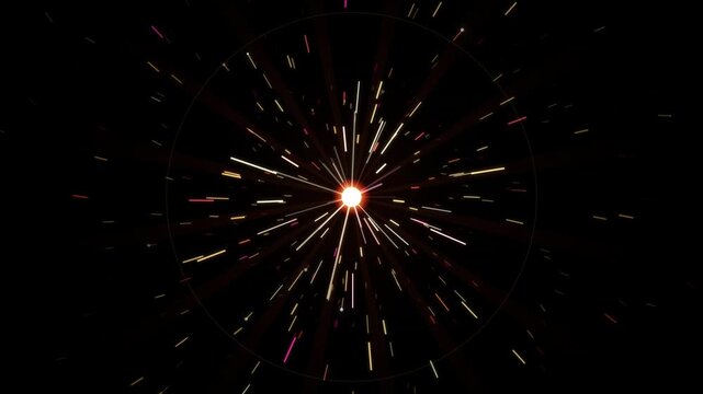 Bright radiating energy explosion with colorful light streaks in a cosmic circular pattern