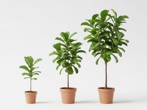Three potted green plants growing in different sizes