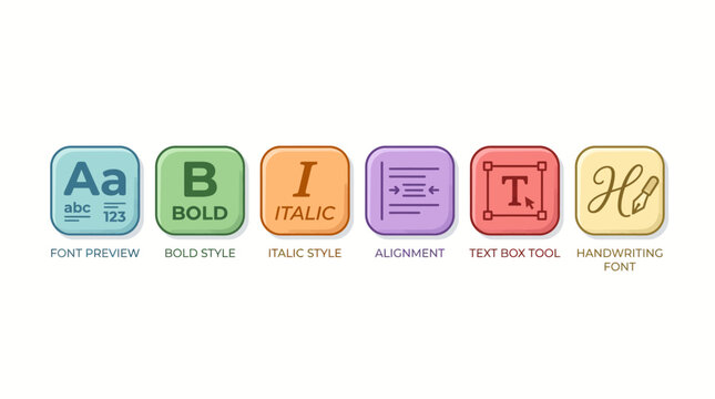 Set of colorful icons representing various text formatting and typography tools for digital design software.