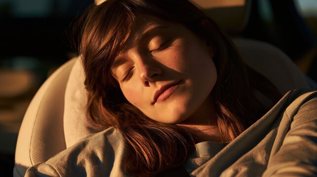 A tired woman resting in a car interior creates a realistic travel lifestyle visual emphasizing fatigue, road trip moments, and vehicle comfort.