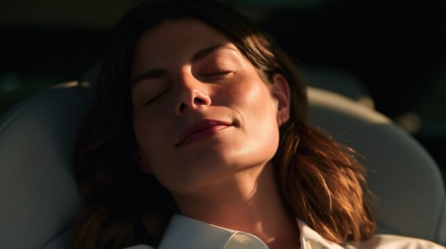 A tired woman resting in a car interior creates a realistic travel lifestyle visual emphasizing fatigue, road trip moments, and vehicle comfort.