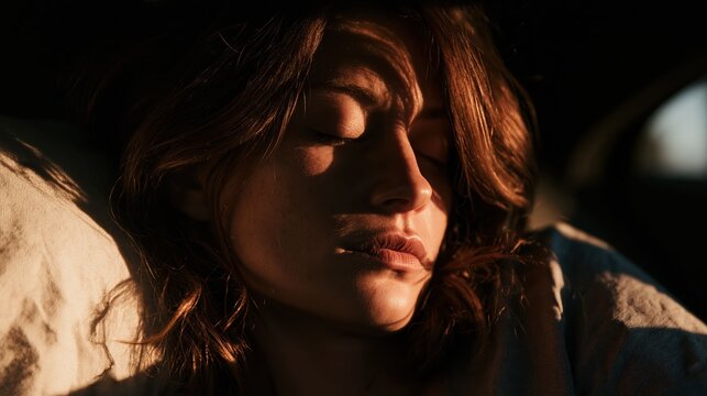 A tired woman resting in a car interior creates a realistic travel lifestyle visual emphasizing fatigue, road trip moments, and vehicle comfort.