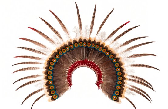 Traditional feather headdress showcasing vibrant cultural artistry and authentic craftsmanship featuring cocar indigena isolated on white background display generated ai