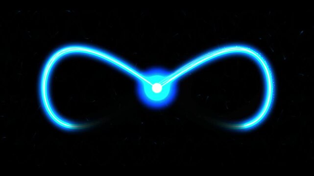Vibrant blue neon infinity symbol glowing intensely with bright center light against a dark textured background