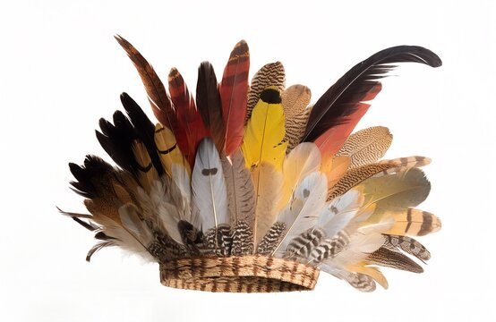 Traditional feather headdress showcasing vibrant cultural artistry and authentic craftsmanship featuring cocar indigena isolated on white background display generated ai