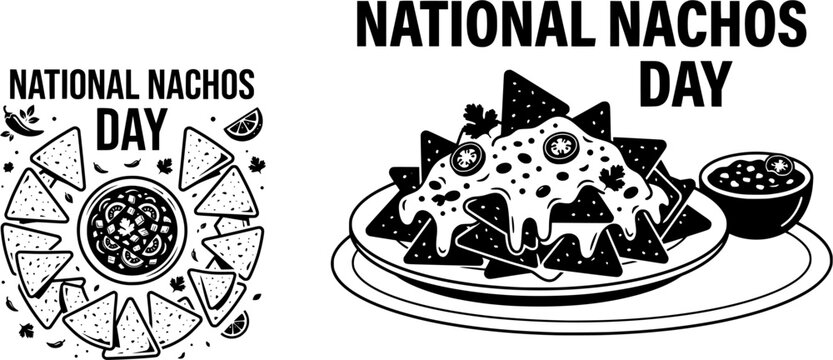 National Nachos Day black and white vector illustrations featuring delicious tortilla chips with melted cheese, jalape&ntilde;os, and salsa dip for Mexican food celebrations and menus.
