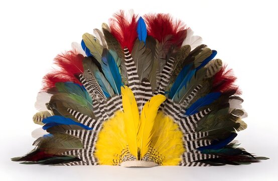 Authentic ceremonial feather headdress displayed in vibrant traditional craftsmanship featuring cocar indigena isolated on white background artwork  generated ai