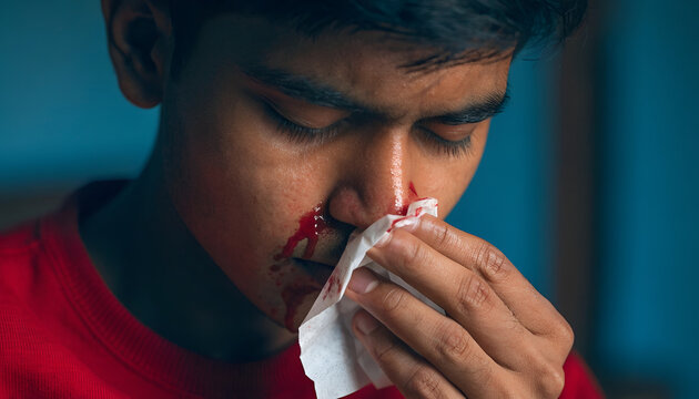 Young Man Experiencing a Nosebleed and Using a Tissue for First Aid