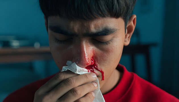 Young Man Experiencing a Nosebleed and Using a Tissue for First Aid