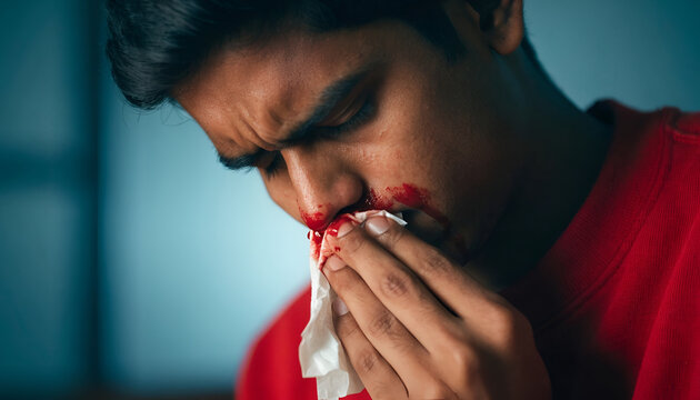 Young Man Experiencing a Nosebleed and Using a Tissue for First Aid