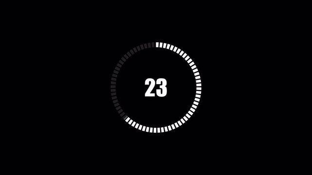 1 minutes countdown timer animation. Countdown timer one minute animation from 60 to 0 seconds on transparent background in 4k.