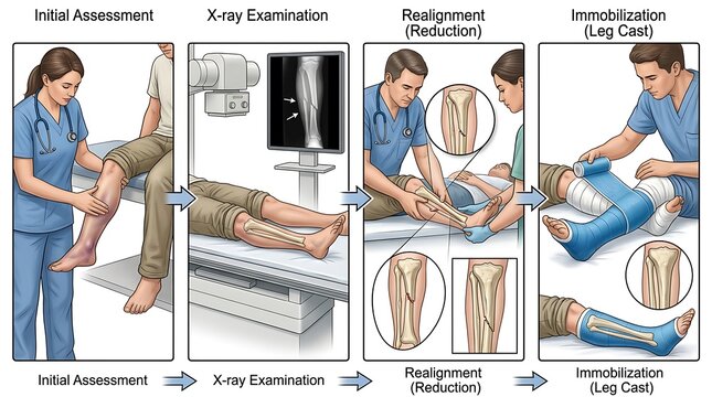 Medical procedure steps for treating broken leg bone fracture
