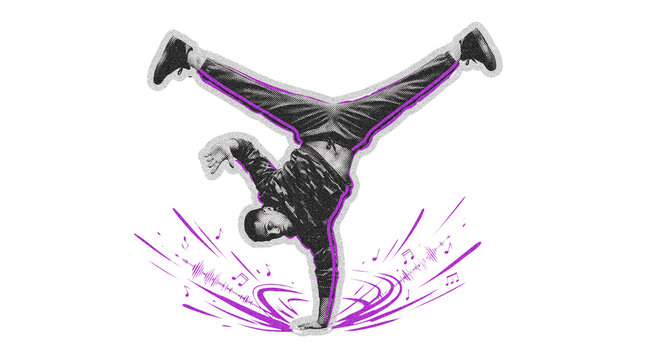 Breakdancer performing a one handed freeze with musical notes graphic