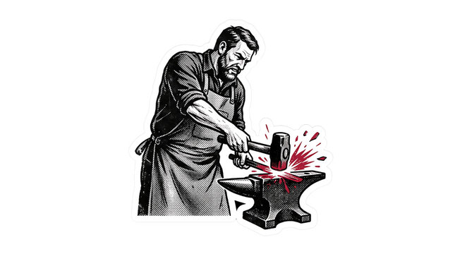 Blacksmith hammering glowing hot metal on an anvil isolated graphic