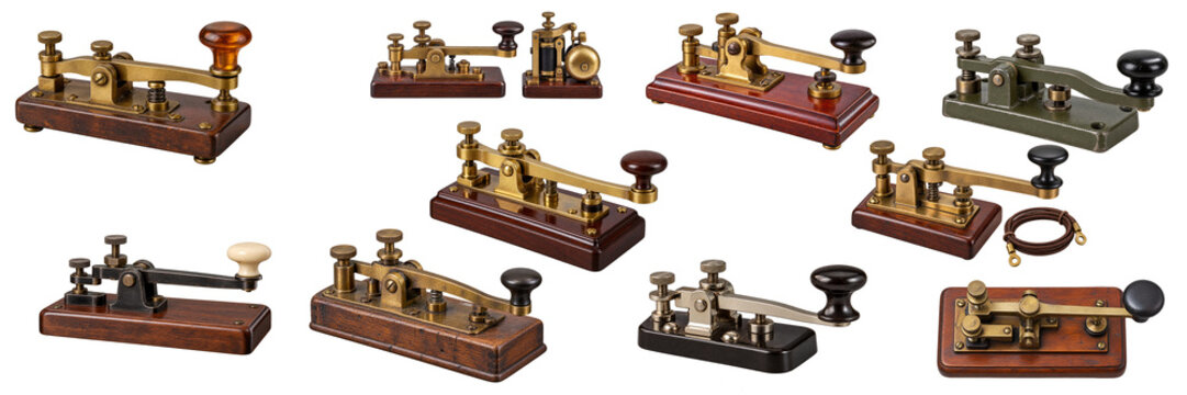 Collection of vintage telegraph keys on wooden bases