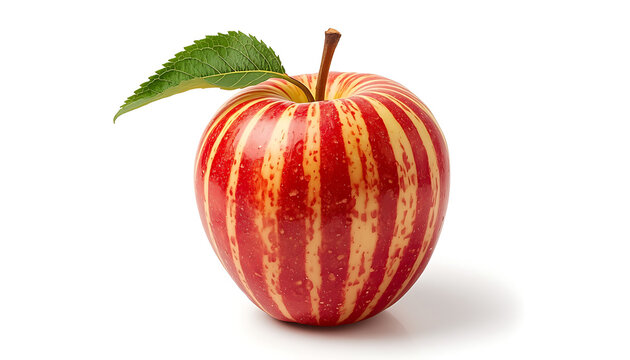 A single striped red and yellow apple with a green leaf