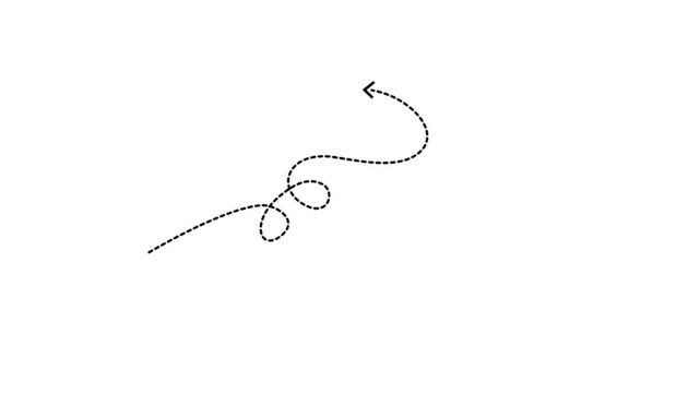 Black dashed arrow line curving and looping on a white background with left-pointing arrow dashed line. 4k video.