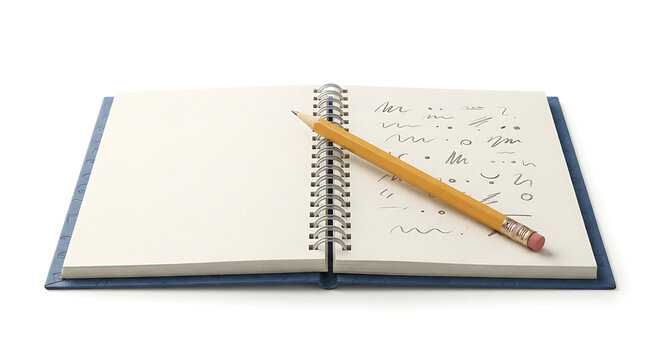 A single open educational notebook with a blank page, pencil resting diagonally across it and simple abstract writing marks without readable language