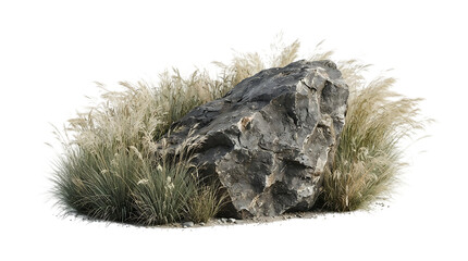 Large grey rock surrounded by ornamental grasses isolated on transparent background © Afrin