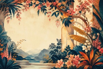 Fototapeta premium Vintage botanical garden balcony overlooking misty mountain landscape
