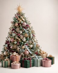 Fototapeta premium Elegant decorated Christmas tree with pastel gift boxes