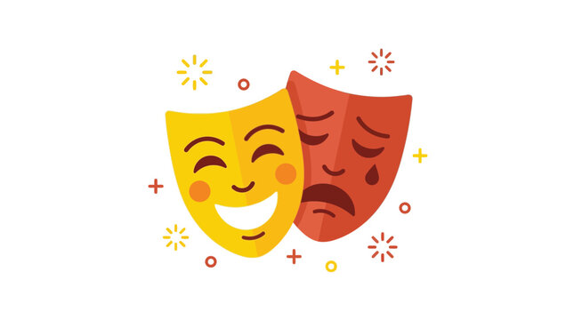 Vibrant comedy and tragedy theater masks vector illustration featuring expressive yellow and red facial features