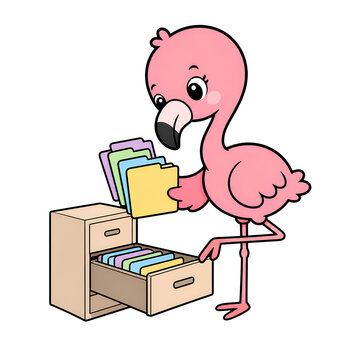 Pink flamingo organizing colorful folders in wooden drawer