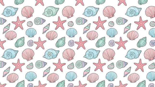 Seamless pattern with hand drawn pastel seashells and starfish elements on white background for summer beach textiles wrapping paper vector illustration
