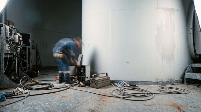 Maintenance technician with motion blur at wind turbine base