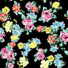 Vibrant Floral Pattern with Pink Roses and Blue Cornflowers on Black Background © Wolfworker