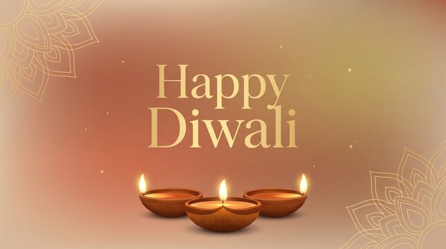 Happy Diwali greeting card banner featuring three burning clay diya oil lamps on a warm golden gradient background with traditional rangoli mandala line art patterns for festival celebration