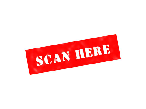 A rectangular red stamp with the words scan here written in bold white capital letters, isolated on a solid black background, for web use isolated on a transparent background