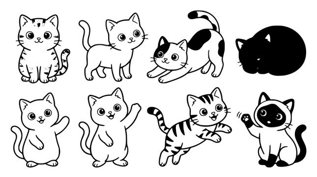 Title: Adorable Big-Eyed Cartoon Cat Characters with Cute Expressions Vector Set