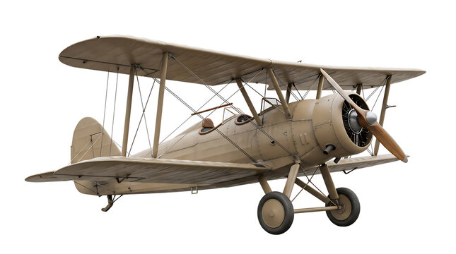 Generic 1930s Style Military Biplane in Neutral Tan Livery Isolated on Transparent Background