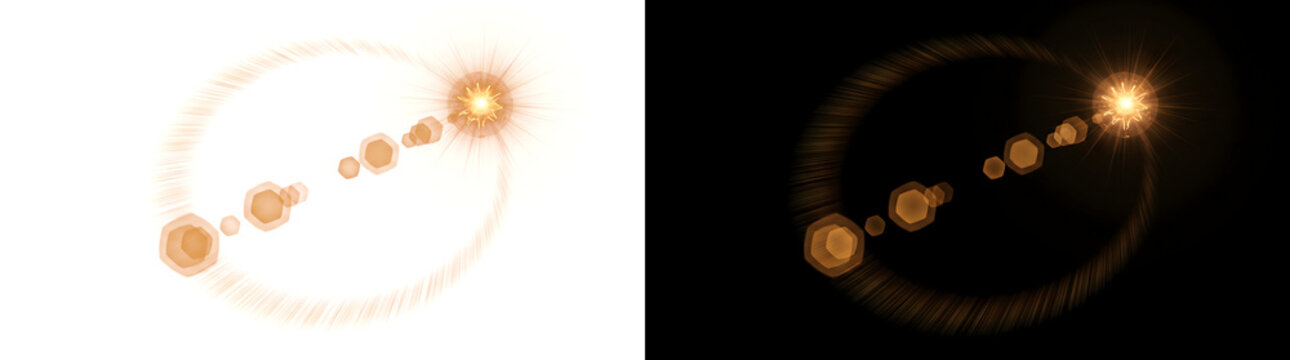 Lens flare with amber starburst and hexagon bokeh orbs for sunset overlays in PNG, Transparent and Black Background Versions