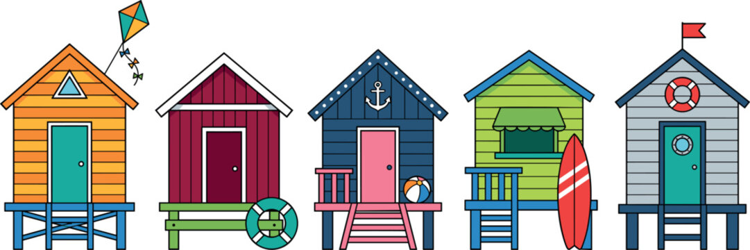 Colorful Beach Hut and Summer Beach Shack Vector Set with Surfboard, Lifebuoy, and Kite for Tropical Vacation Layouts and Sea Tourism Website Designs
