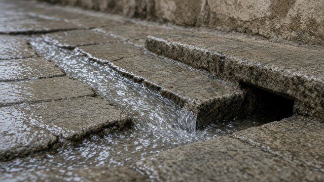 Water trickles across weathered stone slabs into recessed drain. Small cascades and reflective puddles mark masonry surface, with dark drainage space beneath raised stone as runoff flows between